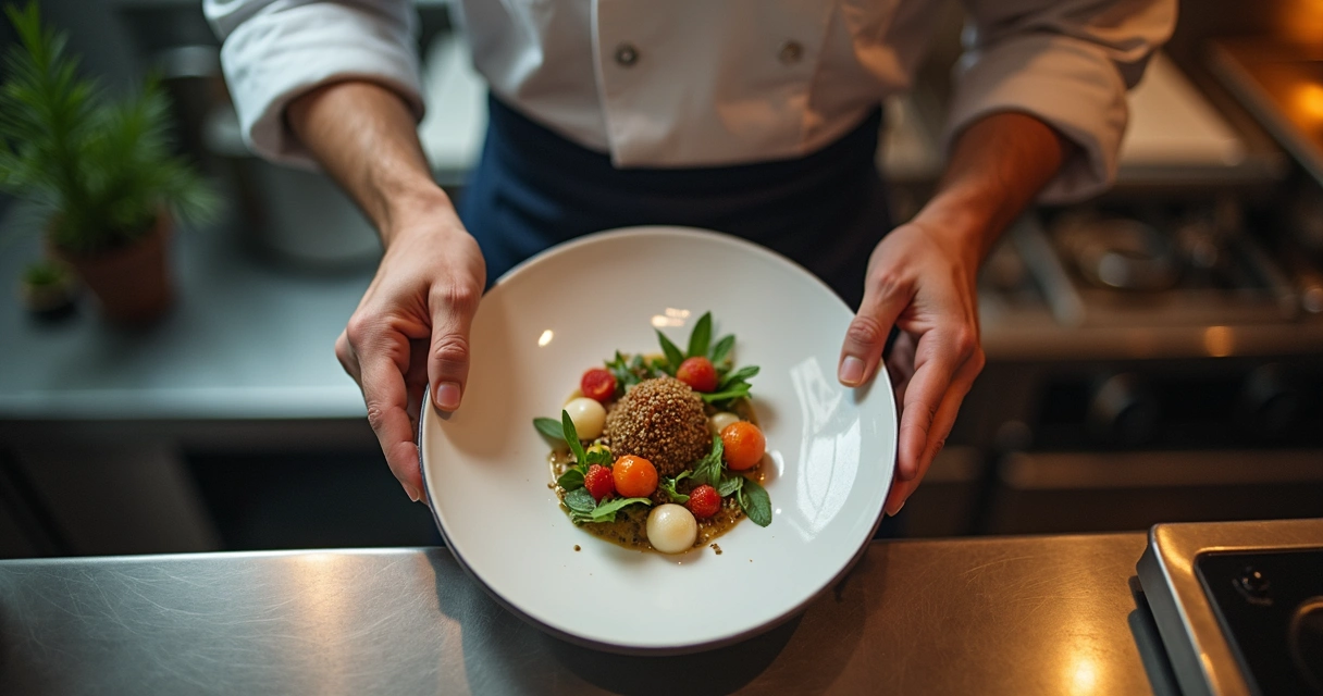 Chef preparando prato exclusivo em cozinha sofisticada 