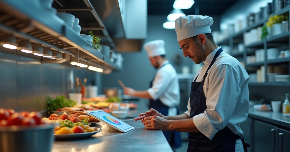 Chef olhando tablet com gráficos digitais de restaurante 