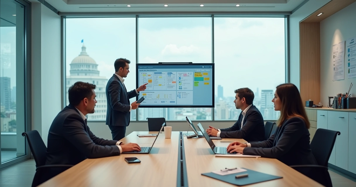 Chefe de gabinete em pé coordenando equipe em sala moderna de gabinete 