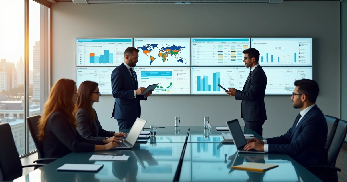 Chefe de gabinete orienta equipe em escritório com telas digitais 