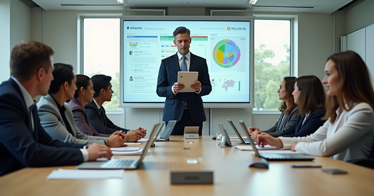 Chefe de gabinete liderando reunião de equipe com tela digital ao fundo 