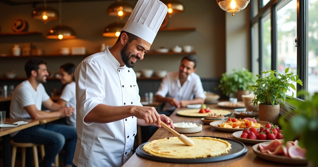 Chef preparando crepe na frente dos convidados 