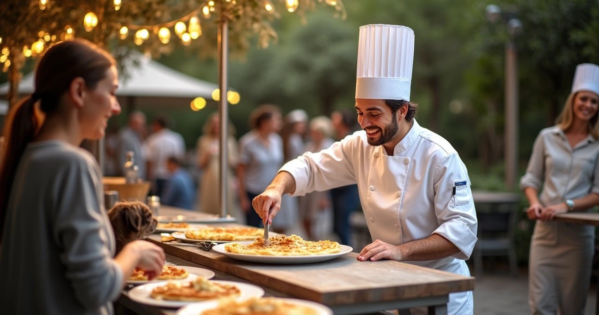 Chef preparando crepe ao vivo perto de cachorro em evento 