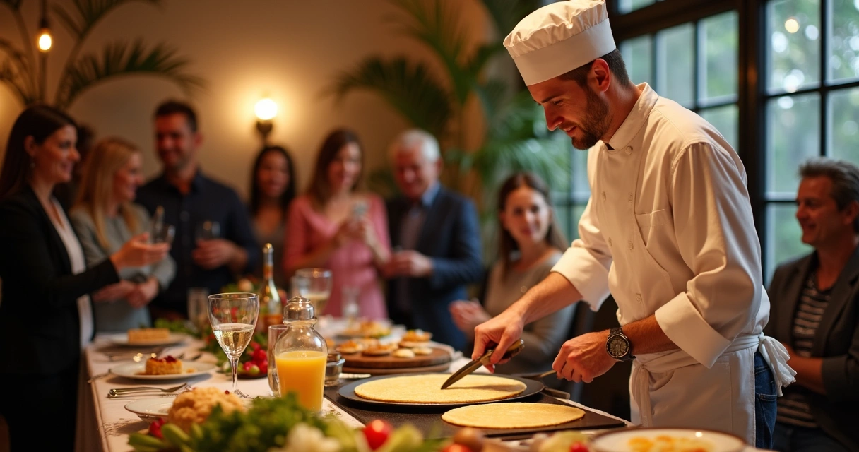 Chef preparando crepes em evento social 