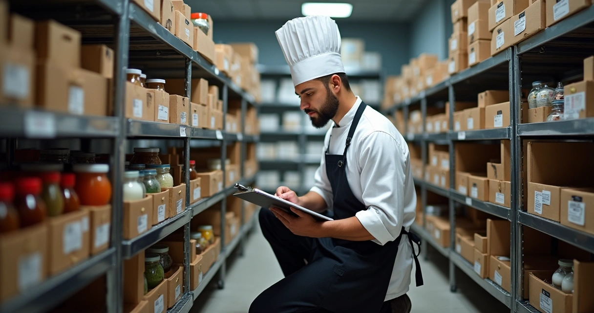 Chefe de cozinha contando ingredientes no estoque 