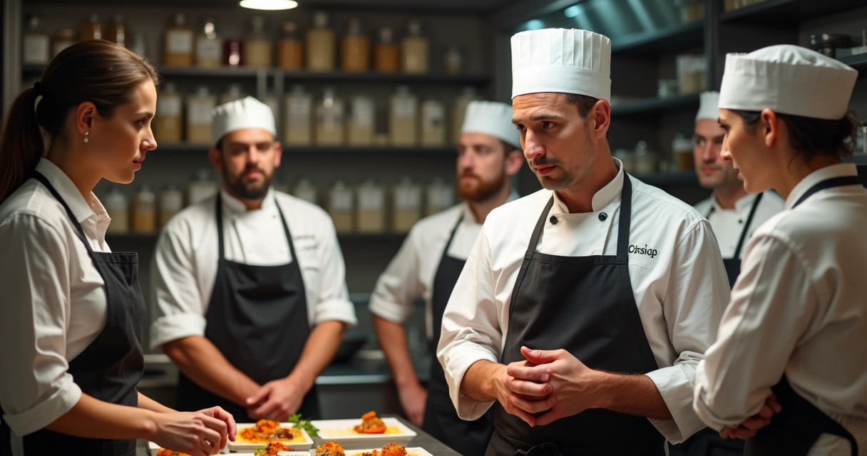 Chefe de cozinha instruindo equipe na área de estoque 