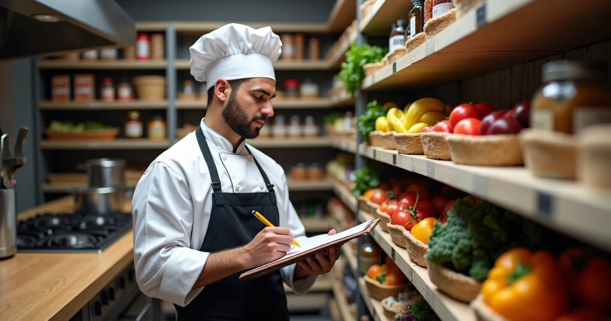 Chefe verifica estoque de ingredientes na despensa 