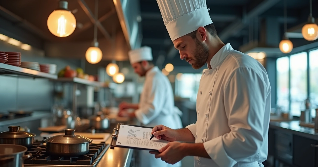 Chefe de cozinha analisando um checklist em ambiente de restaurante