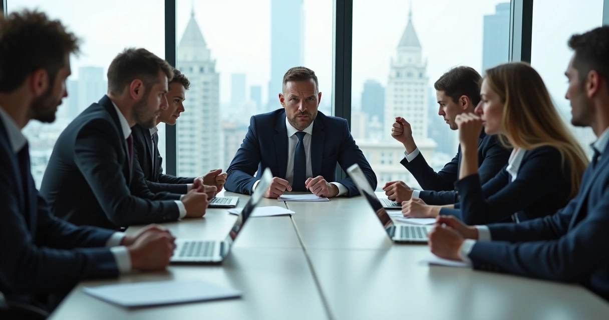 Líder em reunião mostrando sinais de estresse e impaciência com equipe 