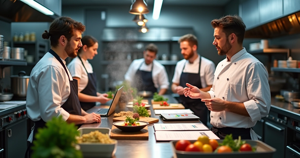 Chef ensina equipe em cozinha profissional com livros, laptop e ingredientes variados 