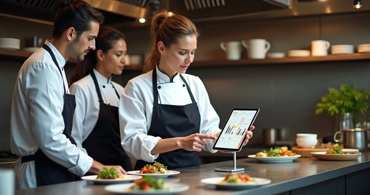 Chefs em uma cozinha profissional analisando dados em um tablet ao lado de pratos sofisticados 