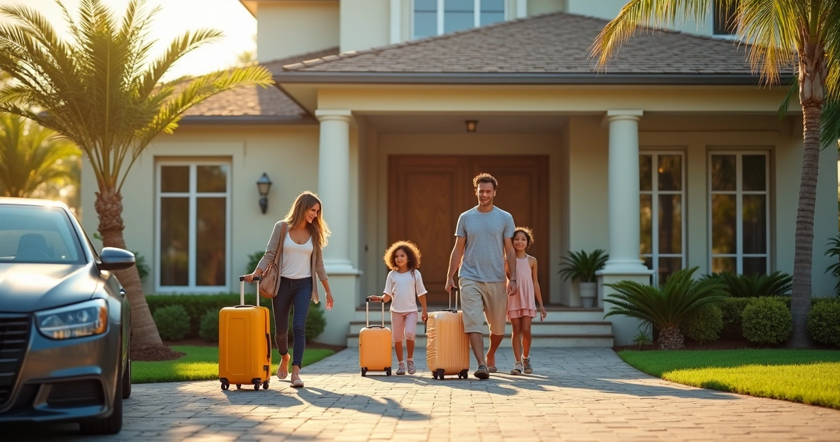 Família chegando em casa alugada em Orlando com malas 