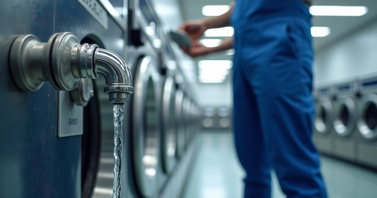 Chegada de água sendo inspecionada por técnico em sistema hidráulico de lavanderia 