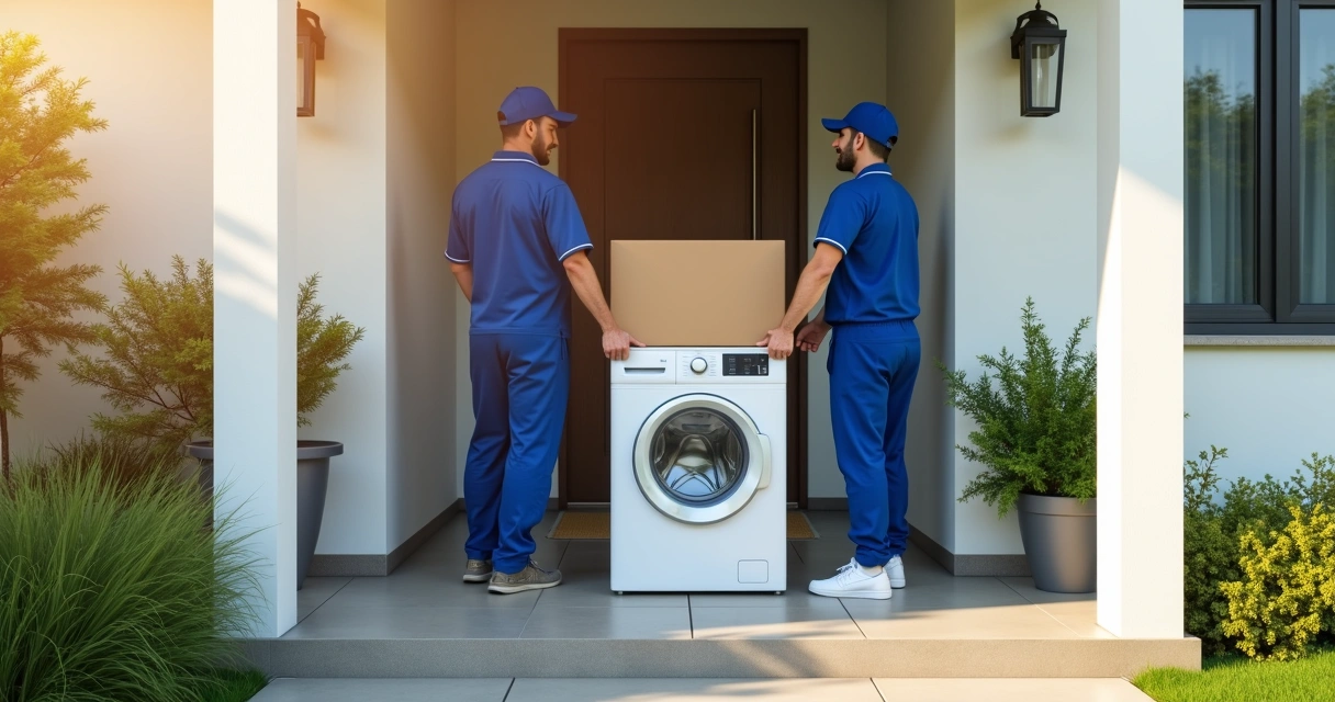 Entrega de eletrodoméstico na porta de uma casa 