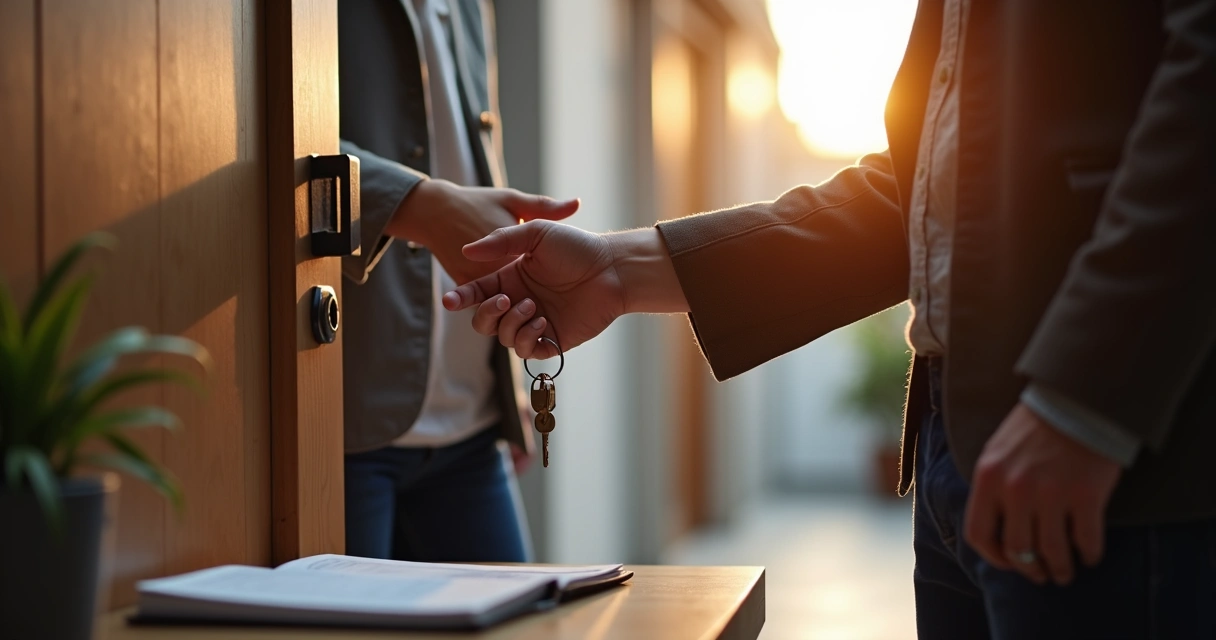 Hóspede recebendo chave de imóvel em locação por temporada 
