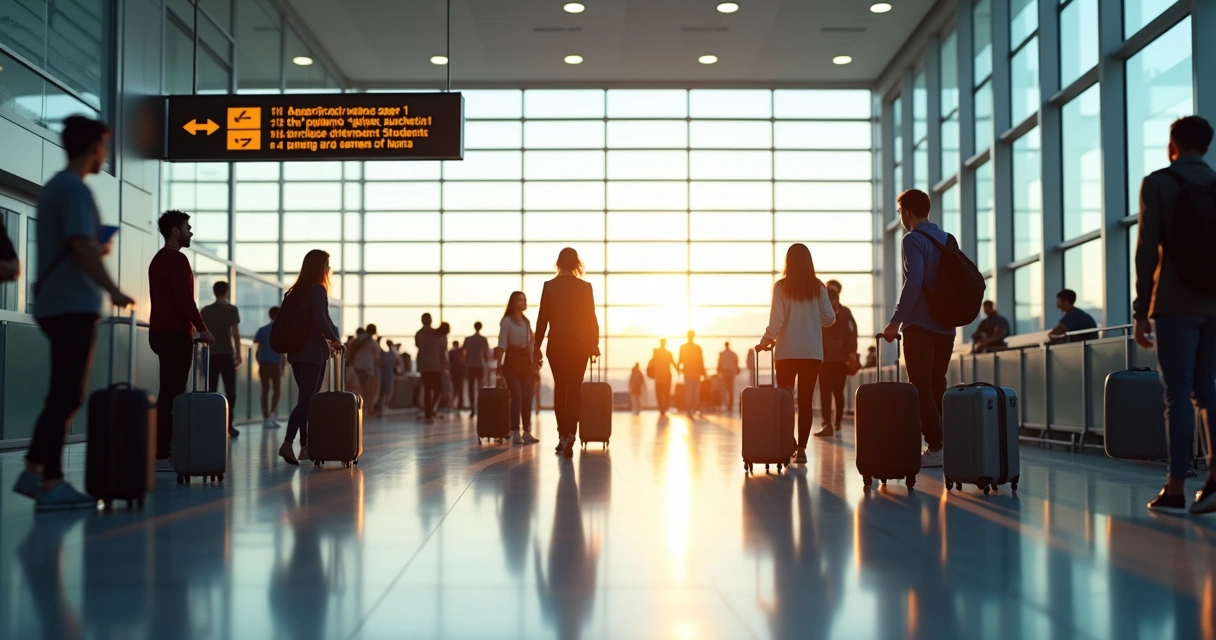 Chegada de imigrantes em aeroporto na Austrália. 