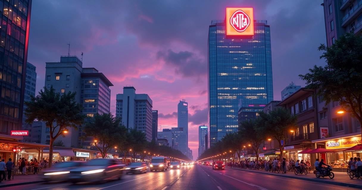 Logotipo Keeta em grande prédio espelhado em cidade grande 