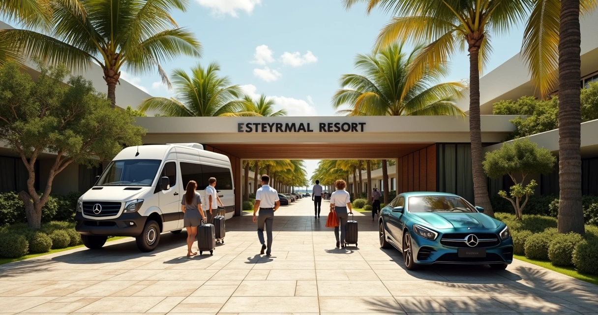 Chegada de hóspedes ao resort em van e carro 