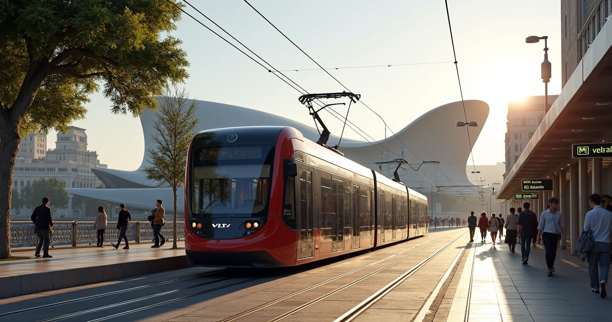 VLT chegando na parada Museu do Amanhã com visitantes na calçada e prédio futurista ao fundo