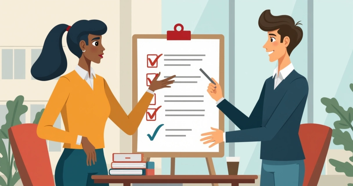 Líder analisando junto com colaborador um checklist de prioridades e responsabilidades em uma reunião pequena, com papéis e canetas sobre a mesa 