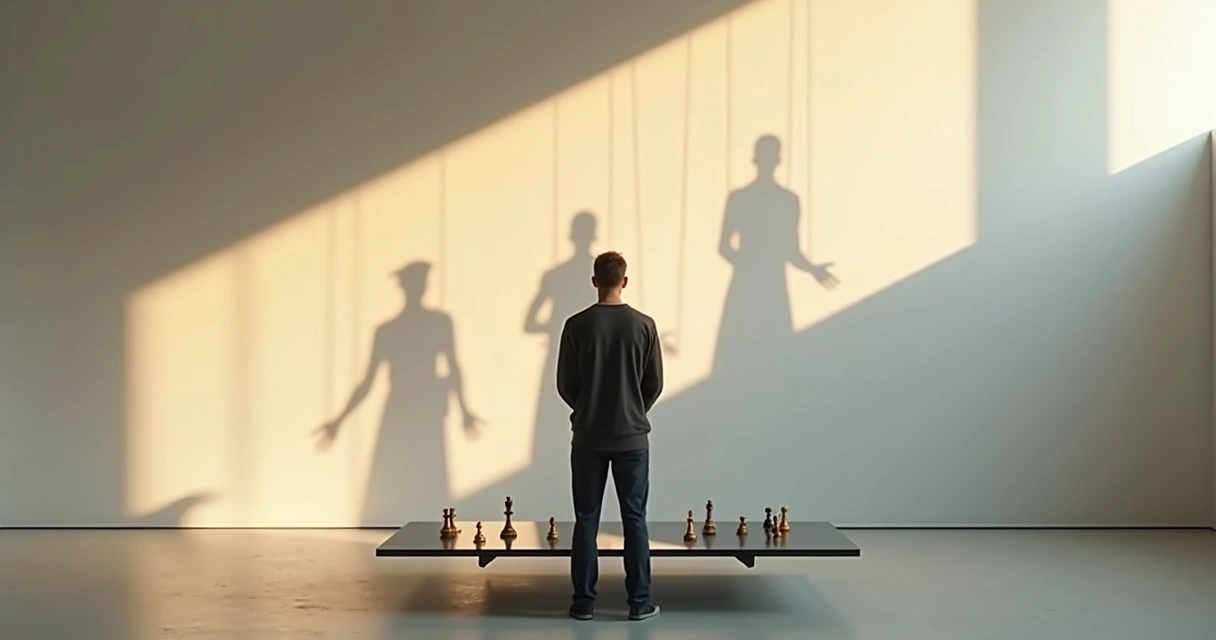 Person viewing chess pieces casting shadow puppets controlled by strings 