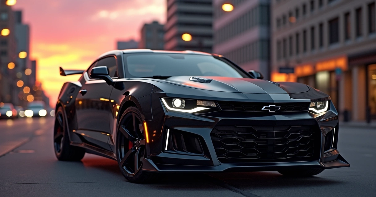 Chevrolet Camaro preto com faixas cinzas em capô e porta-malas em cenário urbano ao entardecer 