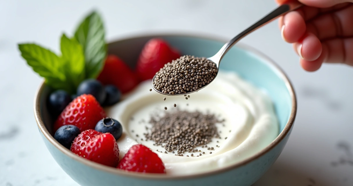 Semente de chia em colher sobre iogurte com frutas 