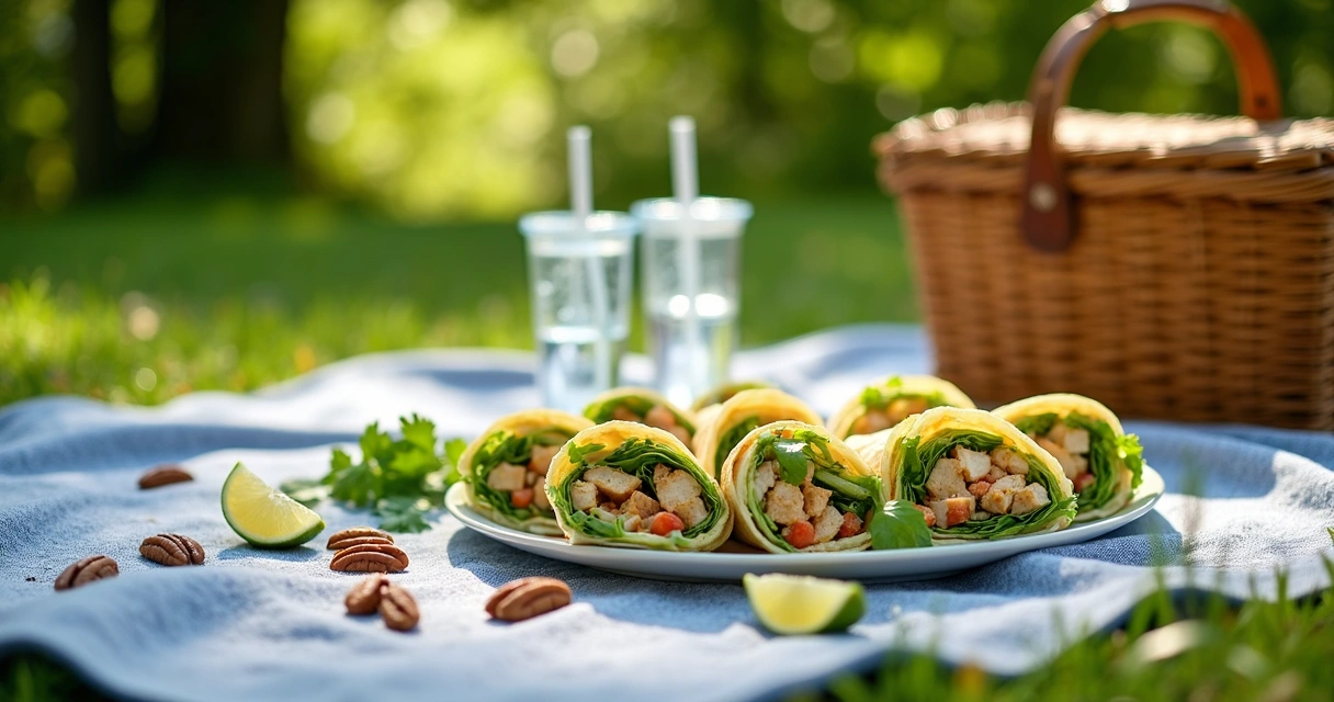 Chicken salad wraps arranged on a picnic blanket with pecans, lime, and cilantro