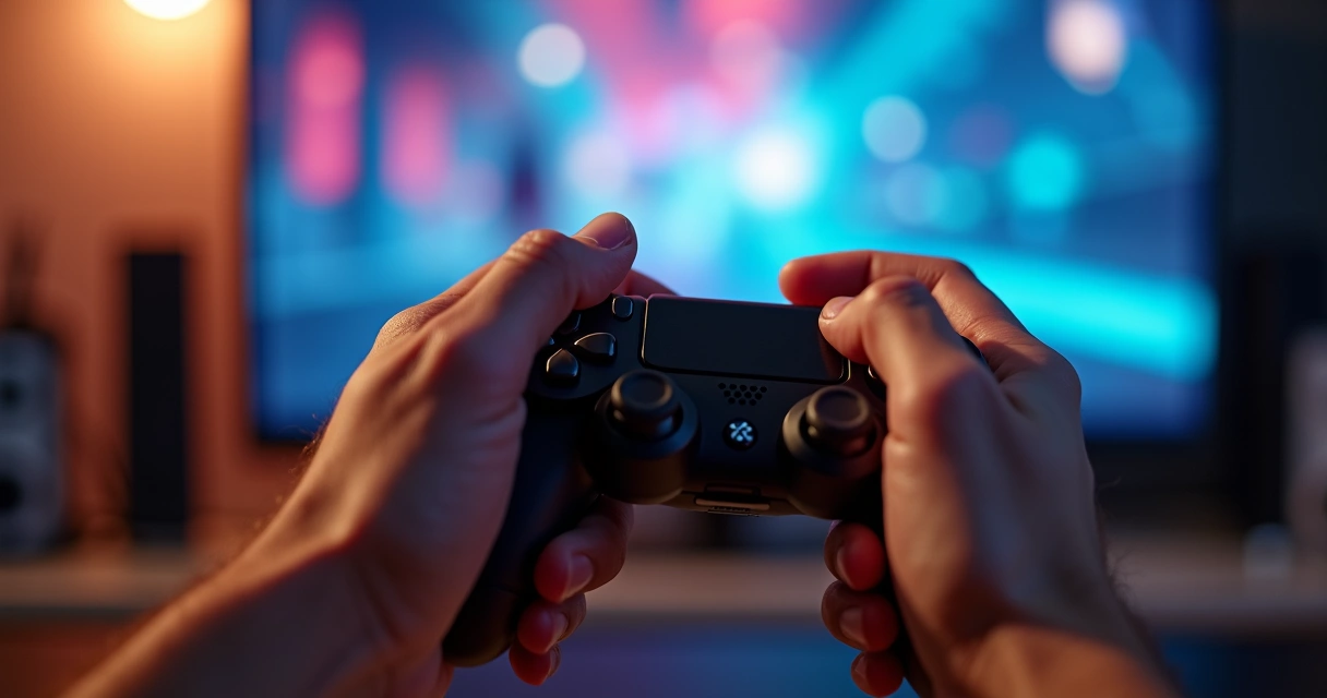 Manos de una persona sosteniendo un mando de videojuego con reflejos en pantalla. 