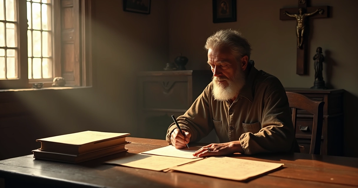 Chico Xavier sentado escrevendo em mesa simples com pilha de livros 