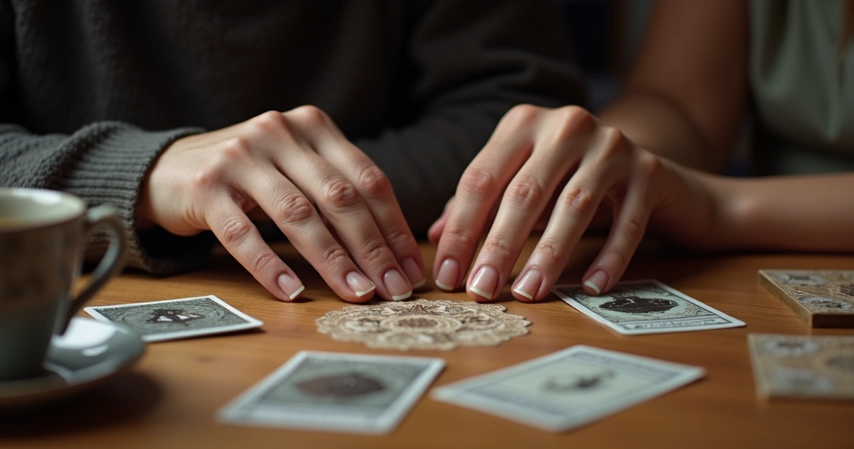 Duas mãos entrelaçadas sobre uma mesa, cartas ciganas dispersas e uma xícara de chá 