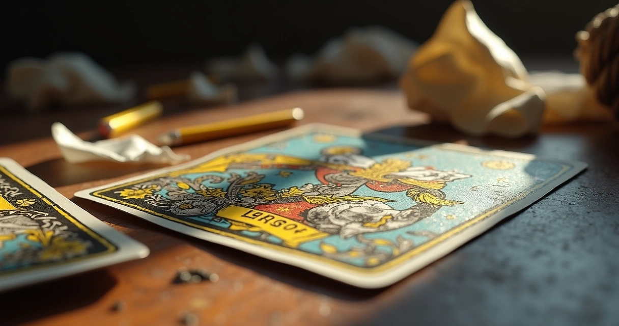 Mesa de trabalho com cartas do baralho cigano e chicote ao fundo 