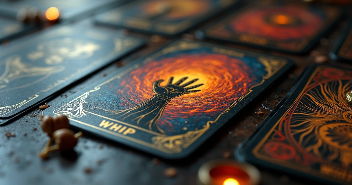 Cartas do baralho cigano abertas com destaque ao Chicote 