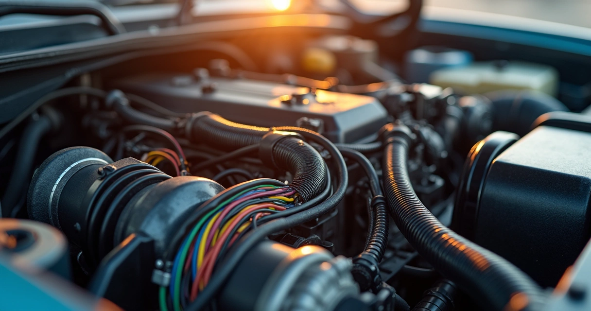 Detalhe do chicote elétrico em um motor de carro moderno