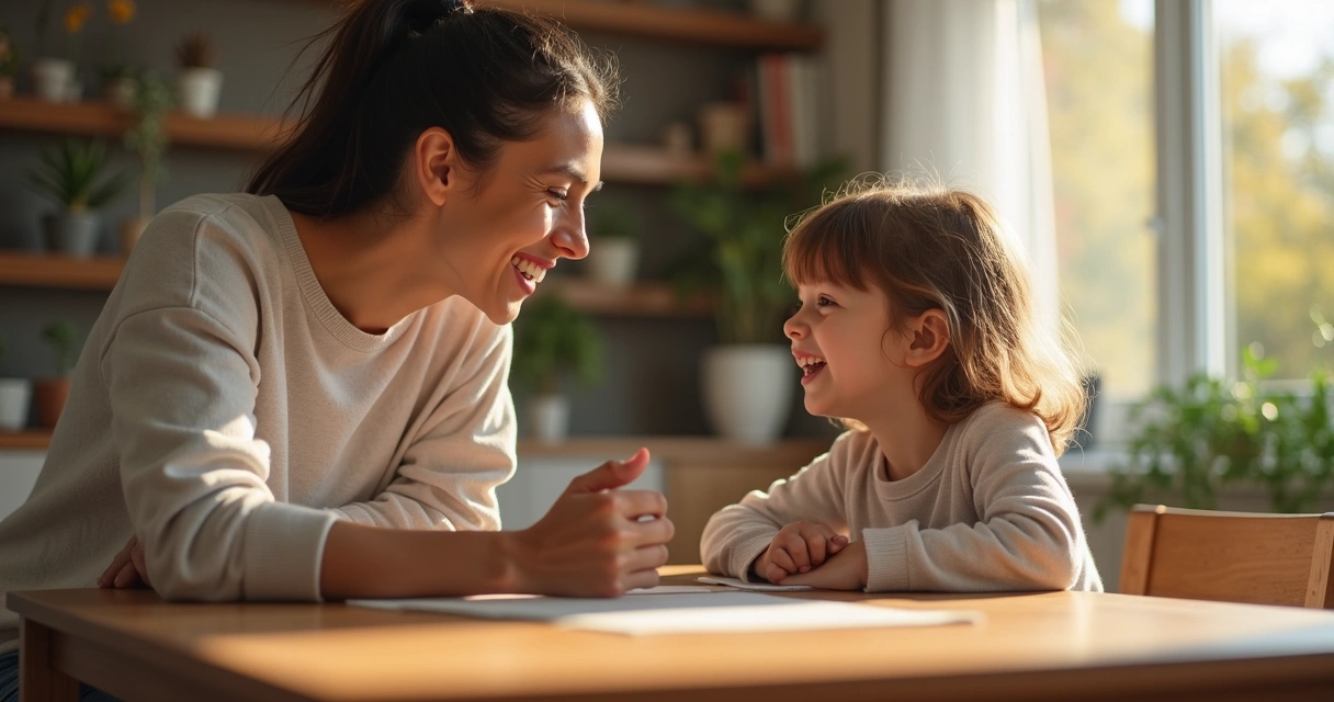A parent and child sitting at a table engaged in a heartfelt discussion with gentle expressions. 