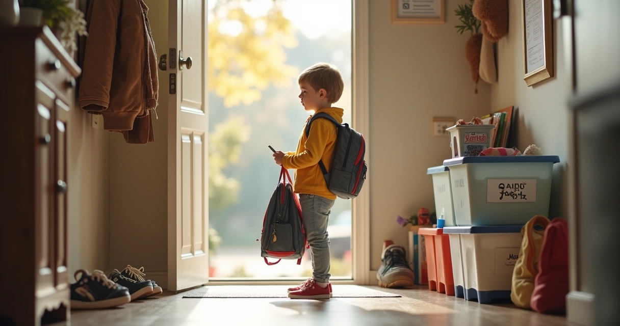 Child packing a backpack between two calm home spaces