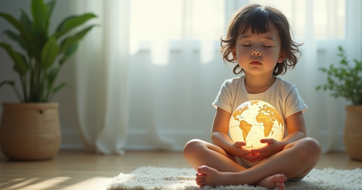 Child meditating, eyes closed, with superimposed transparent globe at chest level 