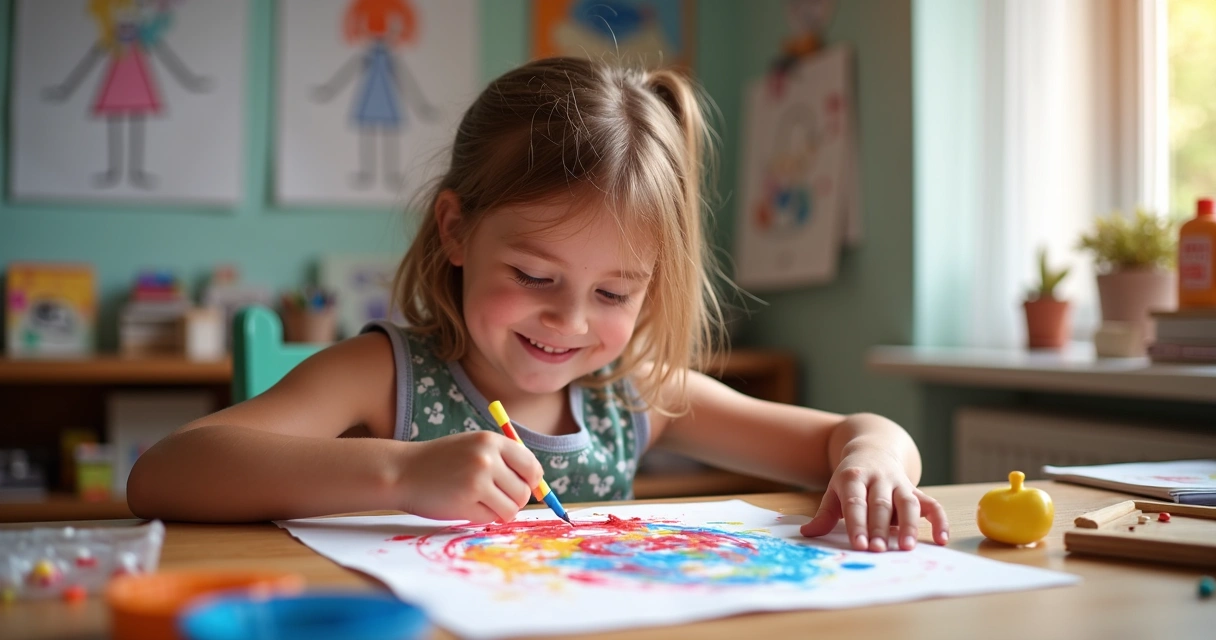 Child painting with bright colors at a table, expressing emotions through art 