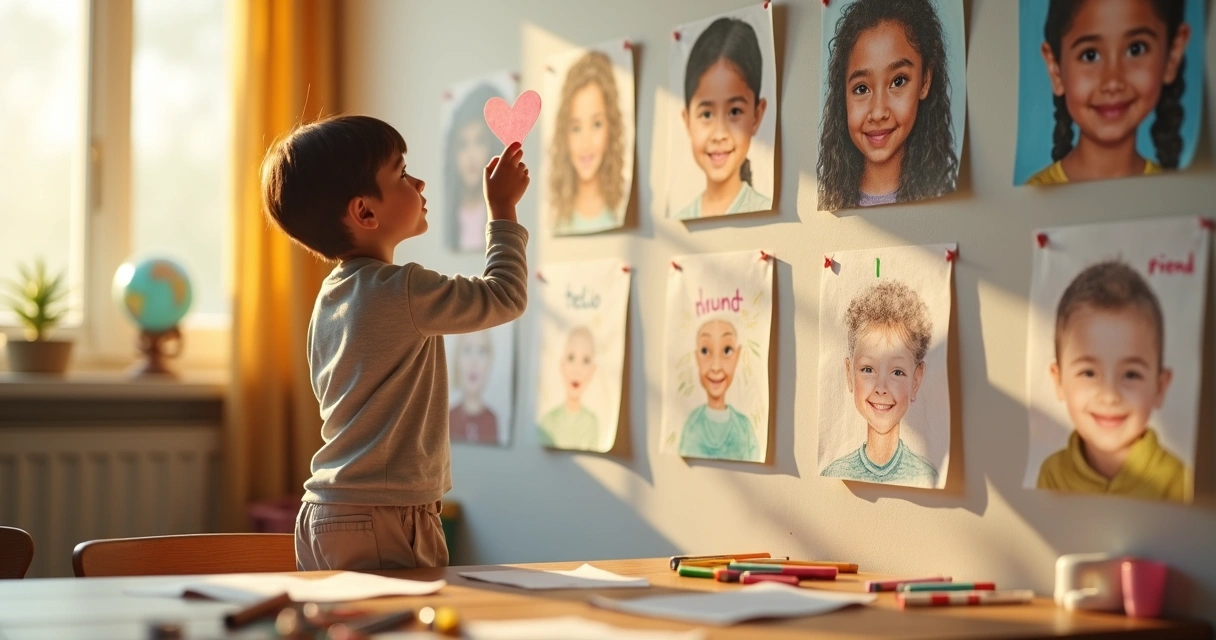 Child in classroom reaching toward diverse portraits on light wall 