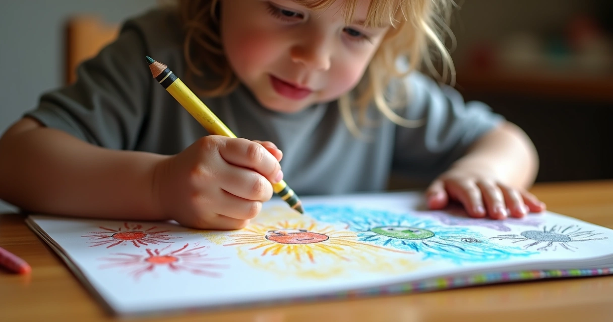 Child drawing at a table, focusing on drawing their feelings 