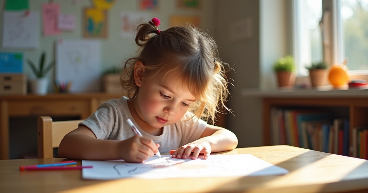 Young child drawing a self-portrait at a classroom table. 