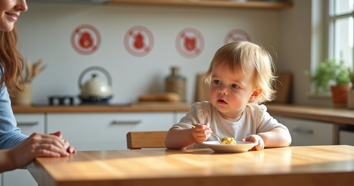 Toddler eating with parent nearby showing allergy precaution signs on kitchen wall 