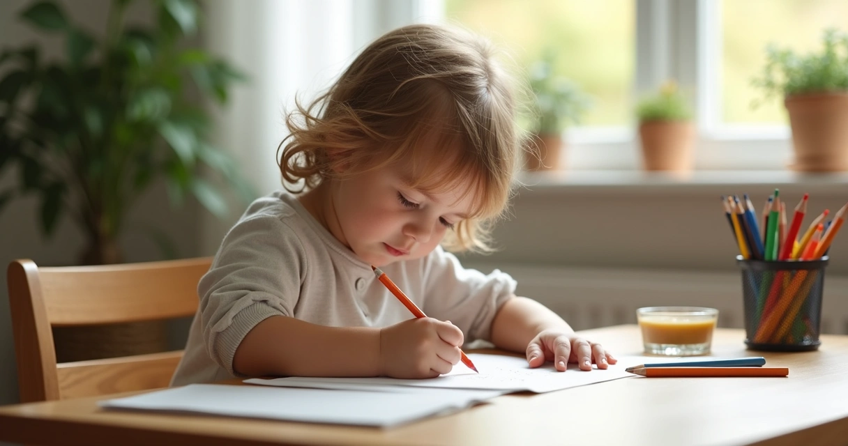 Young child drawing with colored pencils at a table in quiet reflection 