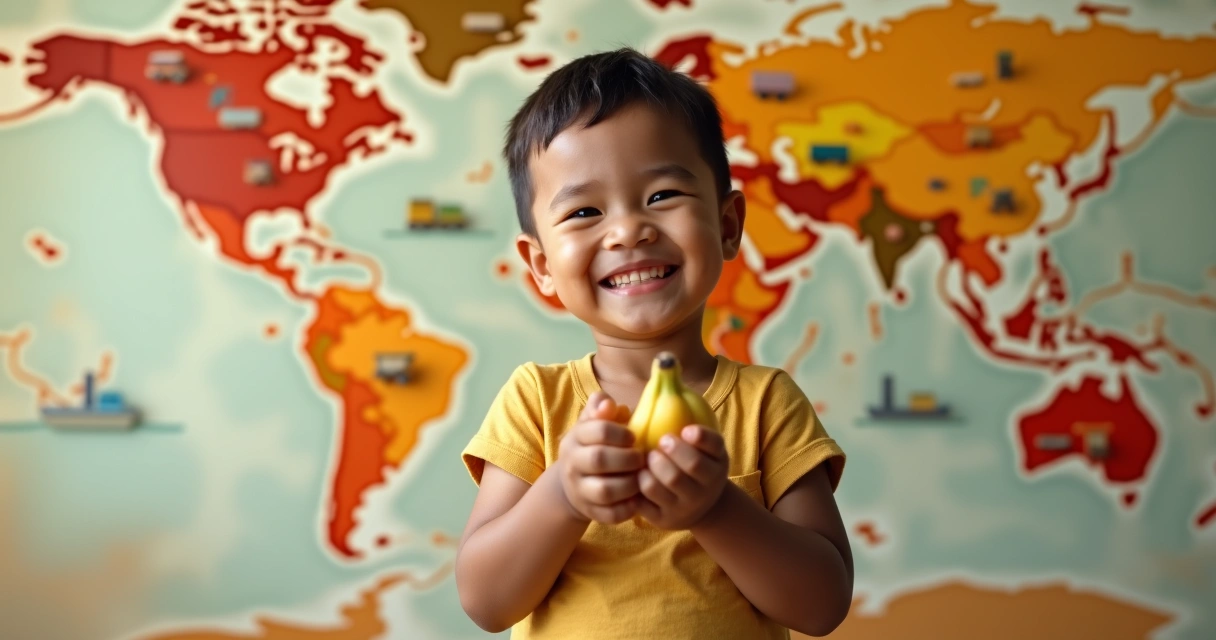 Child smiling holding a banana with world map background 