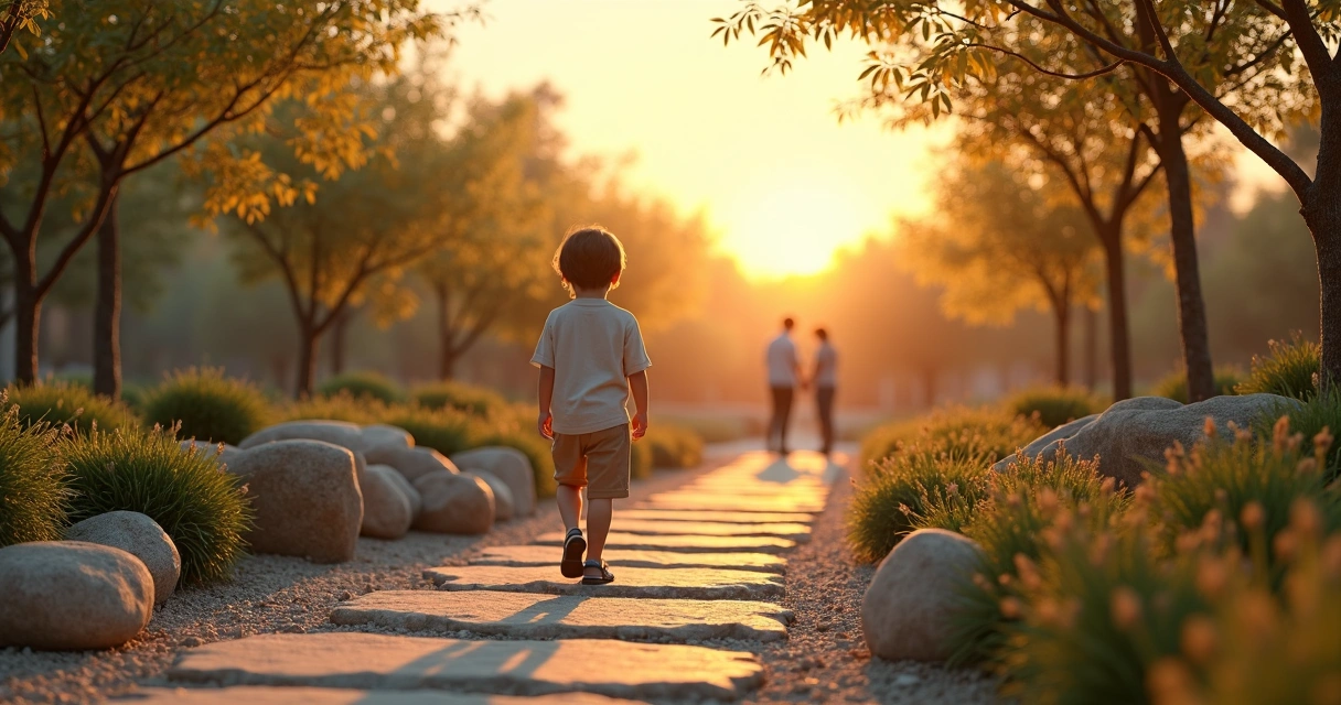 Child walking along glowing path in symbolic garden of identity 