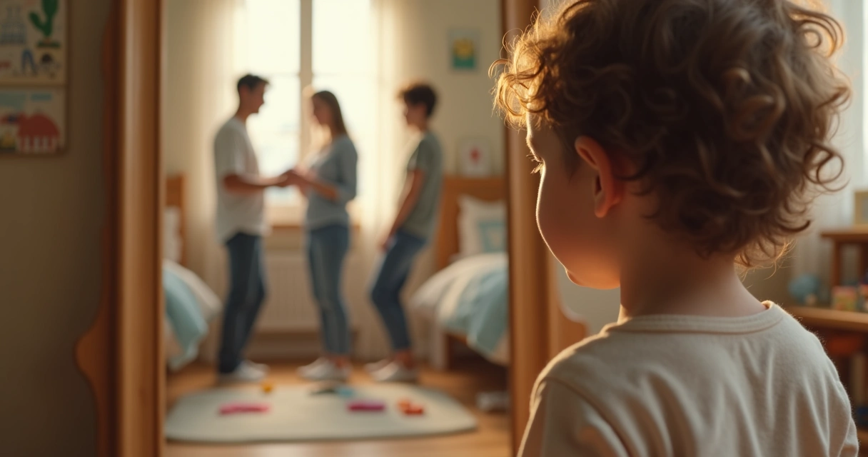 Child looking in mirror with family in background representing inner reflection
