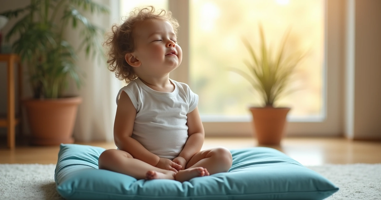Young child sitting with eyes closed, hands resting on knees, meditating calmly 
