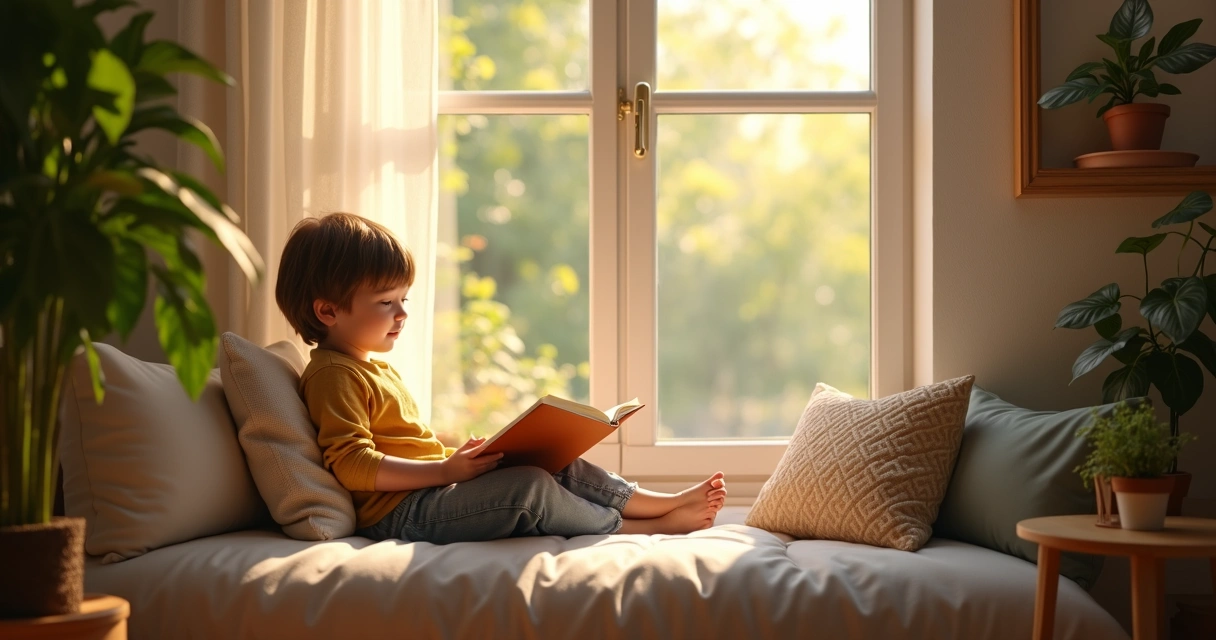 Child sitting by window reading book in natural light 