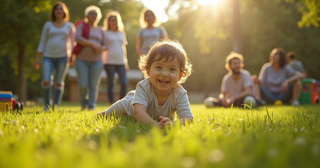 Child playing outdoors on grass, watched by adults at a distance