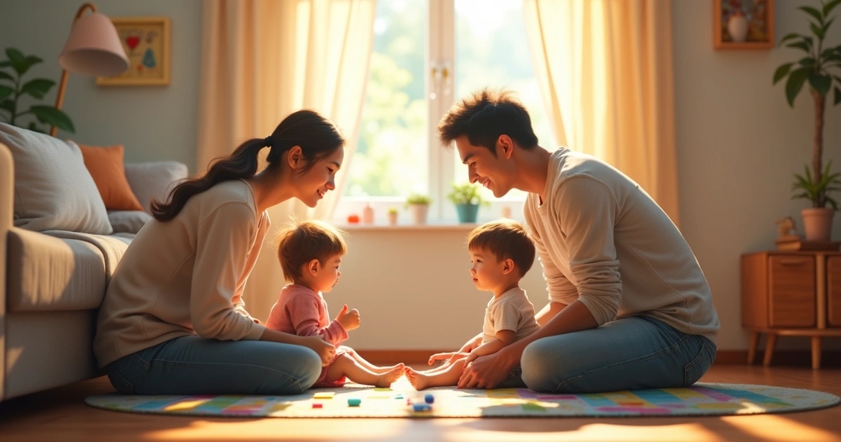 Parents sitting on a couch at child’s level, listening attentively to a young child who is talking 
